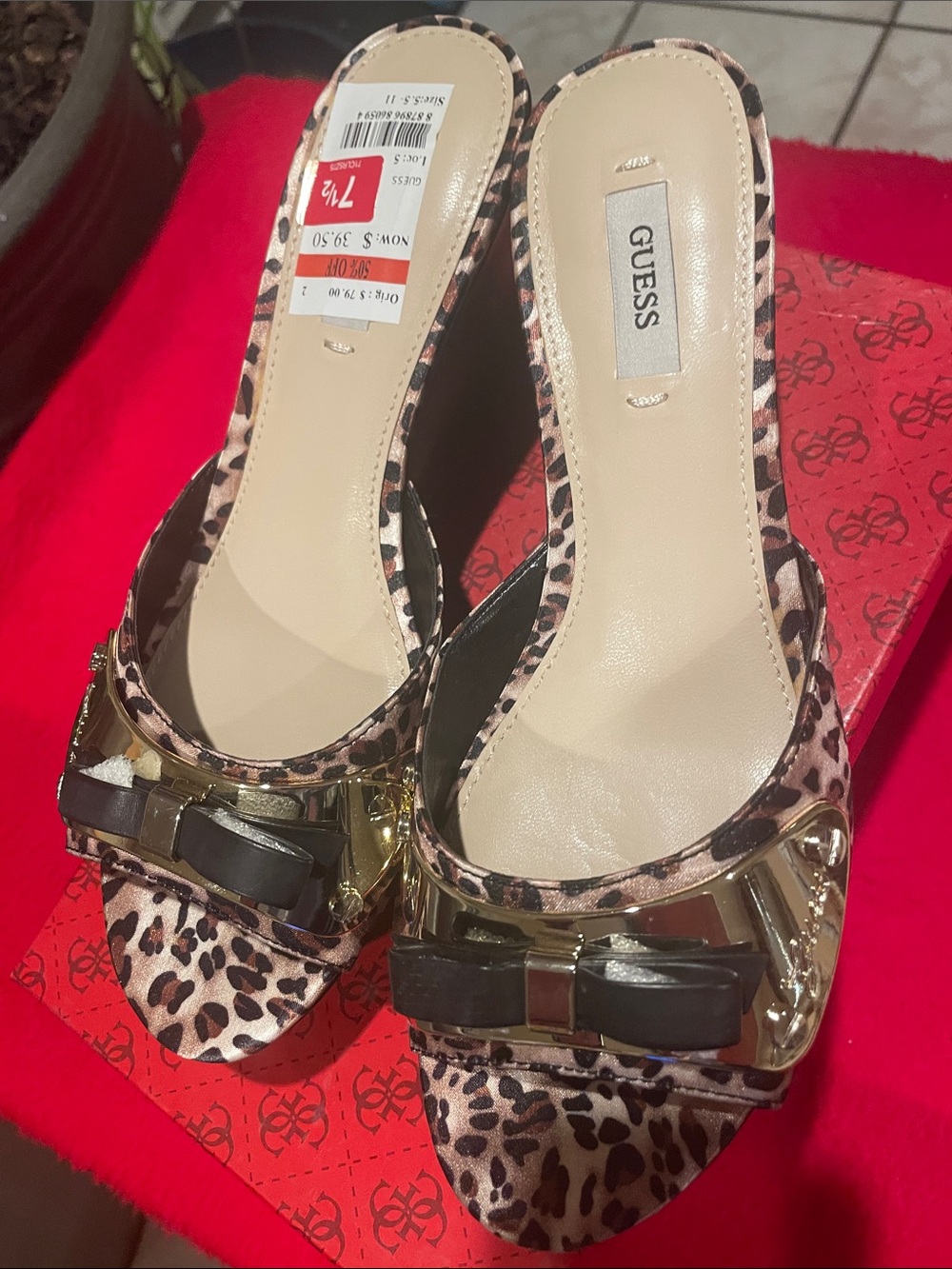 GUESS Leopard Print Open-Toe Mules with Gold Bow Accent